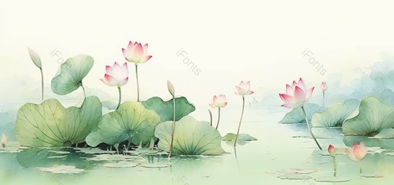中国风池塘里盛开荷花插画,插画/手绘图,插画/手绘图库,插画/手绘图下载,插画/手绘